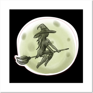 Halloween Witch flying broom in front Posters and Art